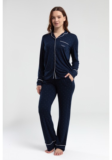 Pierre Cardin 8986 Uzun Kol Önden Düğmeli Kadın Pijama Takımı Lacivert