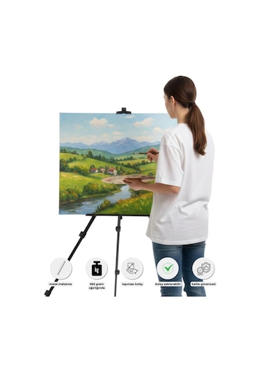 Katlanabilir Metal Tripod Şövale - Ayarlanabilir, Taşıma Çantalı, Siyah