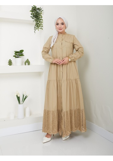 Dantelli Doğal Kumaşlı Boydan Düğmeli Kot Elbise Haki