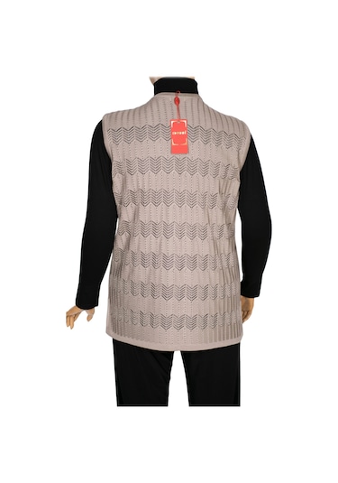 Hesna Kadın Gökçe Triko Ajurlu Boncuklu Cepli Taş Beji Yelek Bej