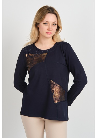 Detay Triko Kadın Boncuk İşlemeli Parlak Desenli Uzun Kol Anne Bluz 5744 Lacivert Lacivert