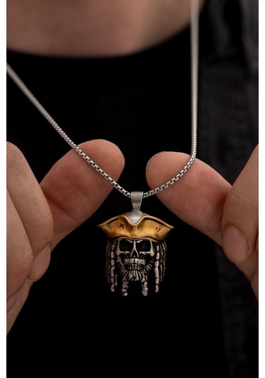 Jack Sparrow Figürlü Beyaz - Sarı Çelik Kolye - Sevgiliye - Eşe - Babaya - Arkadaşa Hediye Kolye