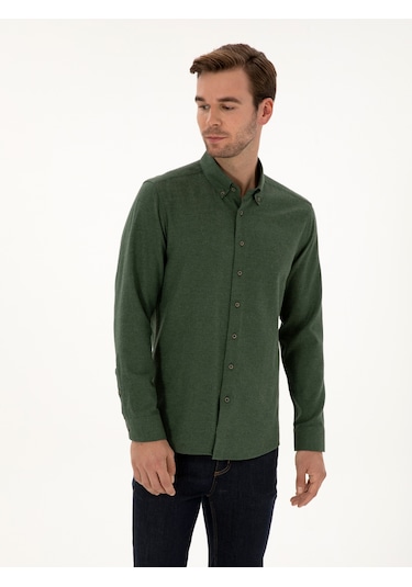 Cacharel Yeşil Slim Fit Pamuk Karışımlı Yakası Düğmeli Flanel Gömlek