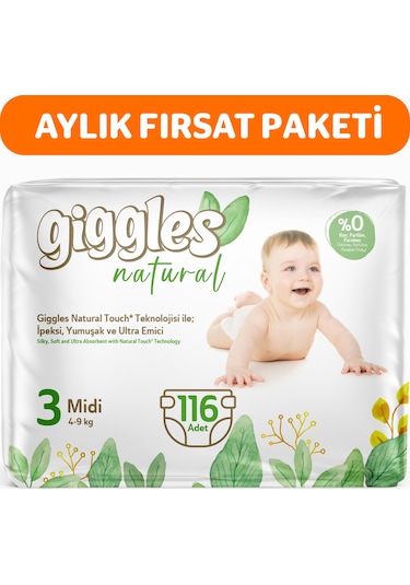 Giggles Natural 3 Numara Midi Pamuklu Bebek Bezi 116 Adet