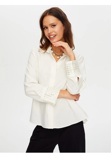 Faik Sönmez Kolları Boncuk Payet İşli Şık Kadın Gömlek W26gml011 Ekru