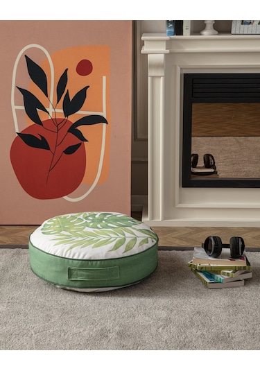 Yeşil Bitki Ve Palmiye Desenli Puf Yer Minderi, 60x60 Cm, Balkon