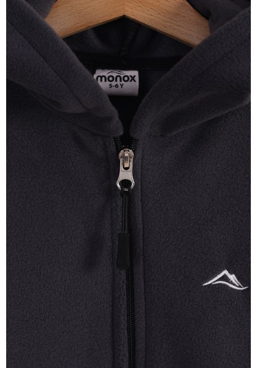 Monox Lastik Manşetli Fermuarlı Kapüşonlu Çocuk Unisex Polar Ceket Füme