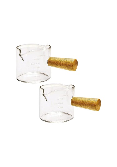 Neevoyu 75ml Cam Kahve Ölçü Kupa, Ahşap Saplı, İki Açık, Isı Yalıtımı, Espresso Ve İçecekler İçin Şeffaf