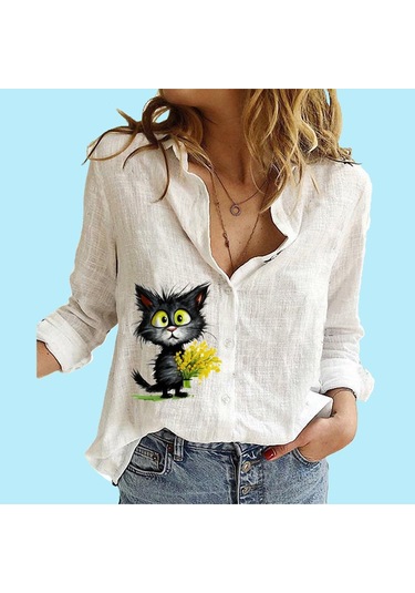 Kadın Moda Düğmeli Bluz Rahat İnce Uzun Kollu Üst Bayan Pamuklu Keten Baskılı Gömlek Beyaz