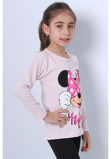 Hçm Kız Çocuk Uzun Kollu Tshirt 4 Mevsim Baskılı Bisiklet Yaka C43 Pembe