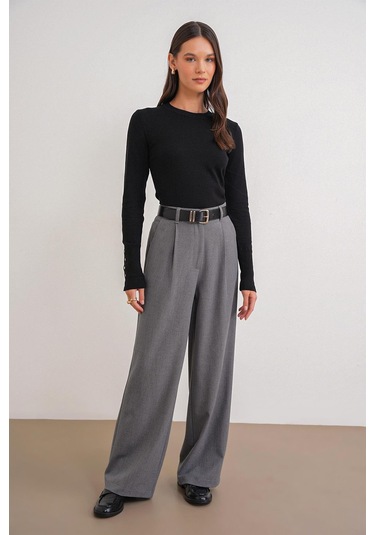 6736 Kadın Bisiklet Yaka Kolu Droplu Triko Kazak Siyah Siyah