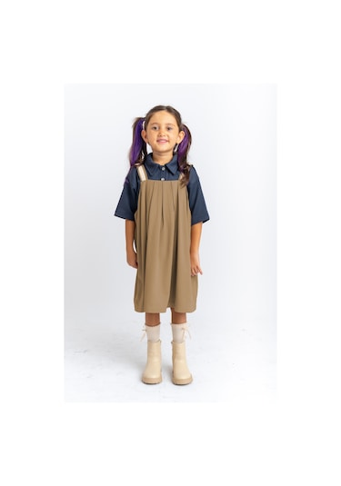 Oliventhekid Pileli Jile Kız Çocuk Elbise Kahverengi Kahverengi