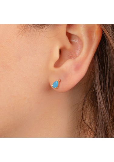 Altın Küpe - 14 Ayar Altın Damla Modelli Firuze Turkuaz Taşlı Küpe Sarı