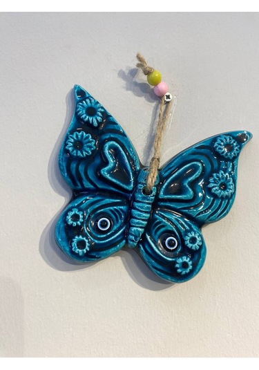 El Yapımı Nazar Boncuğu, Duvar Dekorasyon Ürünü, Seramik, El İşçiliği, Turkuaz Renkte Kelebek Desenli -