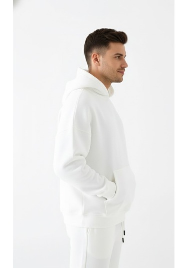 Erkek Beyaz Oversize Hoodie Sweatshirt Beyaz