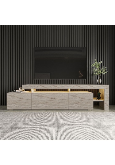 Beliz Modern LED Işıklı 3 Kapaklı, Raflı TV Sehpası – 192 cm, Traverten