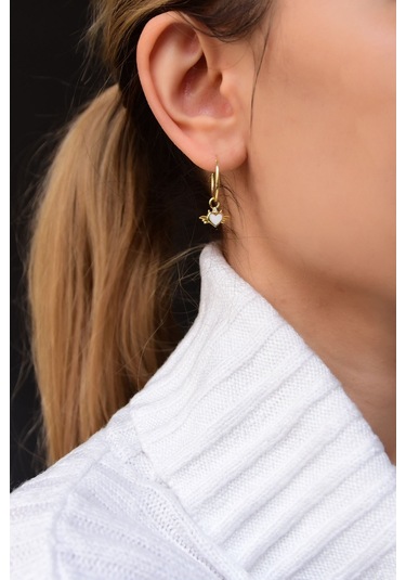 925 Ayar Gümüş Gold Kaplama Mineli Kalpli Kanat Halka Küpe