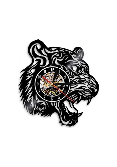 Primepickings Müzik Vinil Kayıt Duvar Saati - Kaplan Kafası Şekli Vinil Duvar Saati - Vinil Saat - Oturma Od Siyah