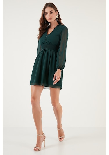 Lela V Yaka Regular Fit Gipeli Düğme Detaylı Şifon Mini Bayan Elbise 611El01433 Zümrüt