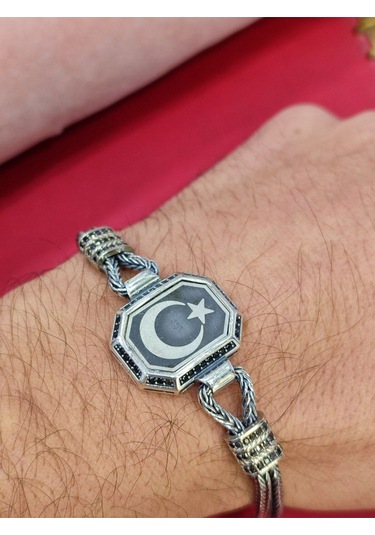 Modagümüşevi 925 Ayar Gümüş Ay Yıldızlı El Yapımı Hasır Bileklik, Ayyıldızlı Erkek Bileklik