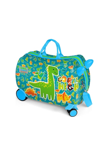 Coral High Kids Mavi Yeşil Dinozor Desenli Otur-çek Çocuk Valizi 16361 Yeşil