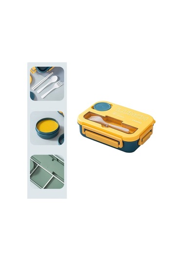 Pratik Ve Şık Taşınabilir 3 Bölmeli Bento Yemek Kabı, Mikrodalgaya Uygun Öğrenci Ve Ofis Çalışanları İçin Yemek Saklama Kutusu, Çatal Kaşık Dahil Sarı