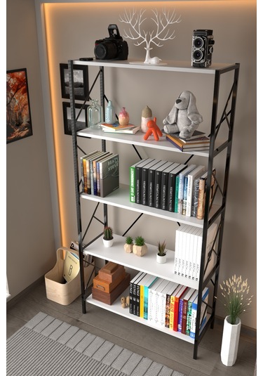 5 Raf Dekoratif 180 Cm Kitaplık Beyaz