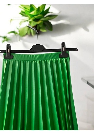 Kız Çocuk Beli Lastikli Pileli Deri Etek-14412 Yeşil