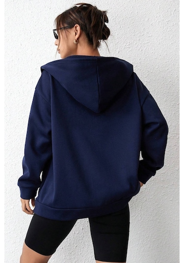 Modagen Unisex Lacivert Düz Renk Kapüşonlu Oversize Hırka Lacivert