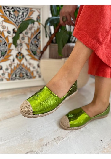 Günlük Kadın Metalik Hasır Detaylı Kadın Espadril Yeşil