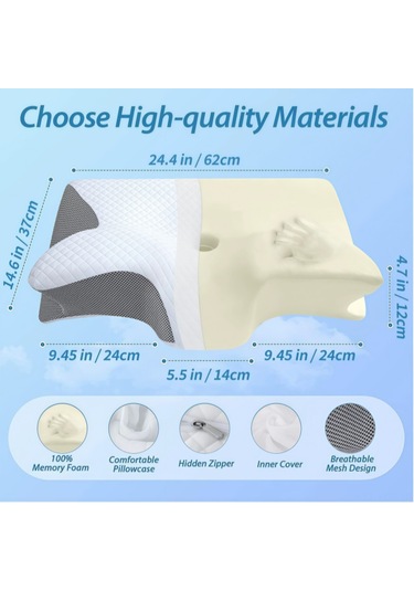 Geeksen Boyun Desteği Ambalajlı Kelebek Şekilli Hafıza Yastığı - Yavaş回弹 Pamuk, 3 Bölgeli Tasarım, Ev/ Otel Kullanıma Uygun, Gri 37x62cm Gri