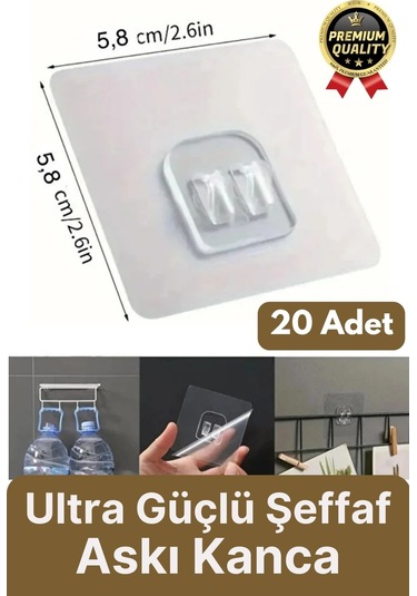 20 Adet Süper Güçlü Şeffaf İz Bırakmaz Suya Dayanıklı Banyo Duş Mutfak Tablo Raf Tutucu Askı Kanca Çok Renkli