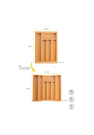 Soho Ölçü Ayarlı 5/7 Bölmeli Bambu Kaşıklık - Çekmece İçi Ve Tezgah Üstü Kaşıklık Organizer