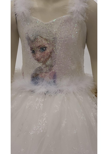 Kız Çocuk Tarlatanlı Simli Frozen Abiye-8076-krem Krem