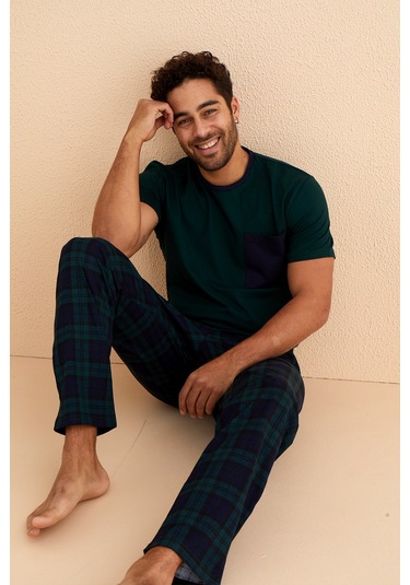 Kutulu- Premium Pamuklu Kısa Kollu Erkek Pijama Takımı- Ekose Babalar Günü Hediyesi Yesil