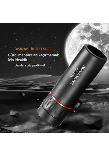 Hymark 100x25 Zoomlu Yüksek Çözünürlüklü Tek Gözlü Monoküler Dürbün Siyah
