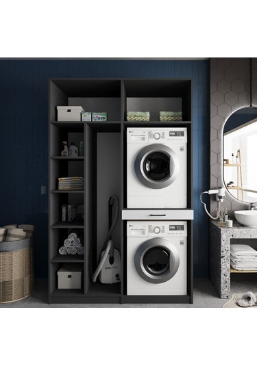 Megan Çamaşır Ve Kurutma Makinesi Dolabı Banyo Dolabı Füme Beyaz Füme Beyaz