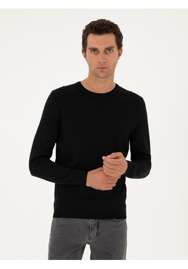 Cacharel Siyah Slim Fit Yün Karışımlı Bisiklet Yaka Basic Triko Kazak