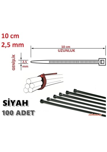 100 Adet 10cmx2.5mm Siyah Plastik Cırt Kelepçe Kablo Bağı