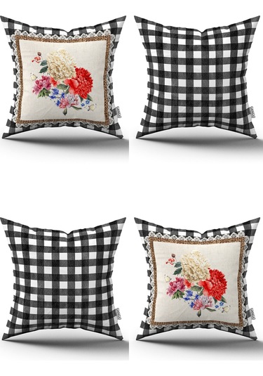 Siyah Beyaz Kareli Çiçek Desenli 4'lü Dijital Baskılı Kırlent Kılıfı Seti 4kmbs270 Siyah