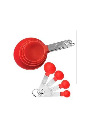Novahub Kırmızı 8 Adet Ölçüm Bardak Kaşık Seti Pişirme Kek Pasta Pişirme Kapları Paslanmaz Çelik Saplar Mutfak Gereçleri Aksesuarları Kırmızı