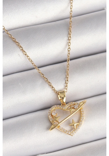 316l Çelik Gold Renk Zincir Zirkon Taşlı Kalp Model Yıldız Detay Kadın Kolye Çok renkli