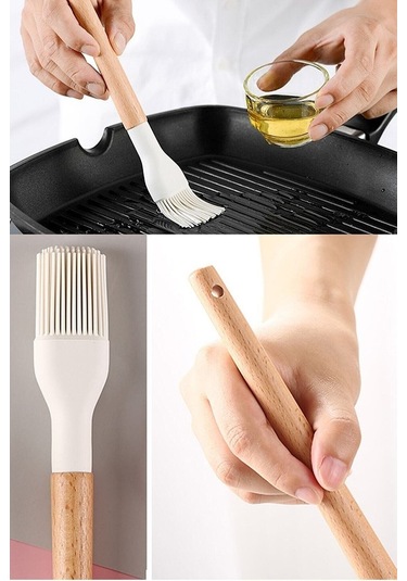 Qerhome Silikon Fırça Bambu Saplı Silikon Yumurta Fırçası Kremrengi 1 Adet