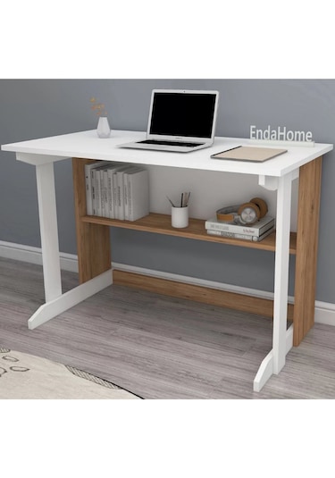 Reyo Home Enda Pillar Kütüphaneli Çalışma Masası 100x56cm Çam-bey Atlantik Çam - Beyaz