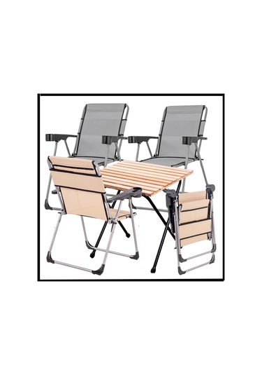 140 Kg Kül Gri / Bej 4 Adet Katlanır Kamp Sandalyesi Ve Masa Seti - Bardaklıklı - A14 Kül Gri / Bej Gri - Bej