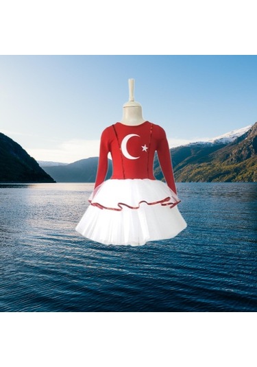 Türk Bayraklı Milli Bayramlar 4-5 Yaş Beyaz Tütülü Kırmızı Beyaz Kostüm
