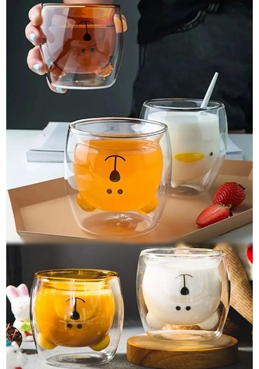 Çift Camlı Cidarlı Sevimli Ayıcık Süt Çay Kahve Su Kupa Bardağı 250ml Ev Ofis Isı Yalıtımlı Bardak
