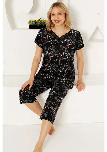 Alimer Kadın Siyah Dantelli V Yaka Bermuda Pijama Takım Edy2707s Siyah