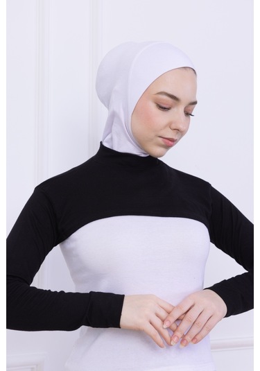 Balıkçı Yaka Boyunluklu Kolluk Siyah - Likralı Dik Yakalı Kadın Body Tesettür Crop Bolero Siyah