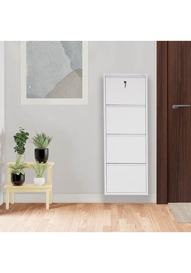 Kilitli 4'lü Metal Ayakkabılık - Beyaz